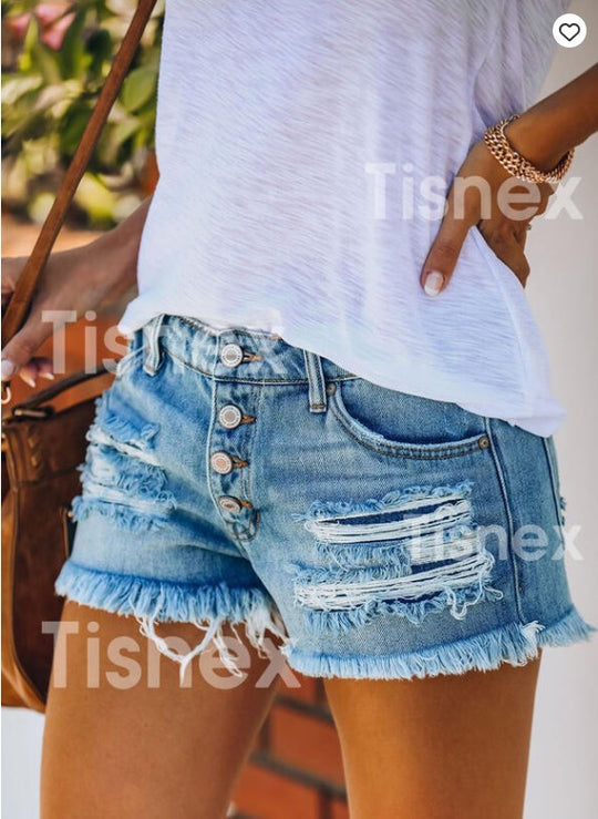 Damen lässige Destroyed Denim-Shorts mit Knopfdetails und fransigem Saum EB