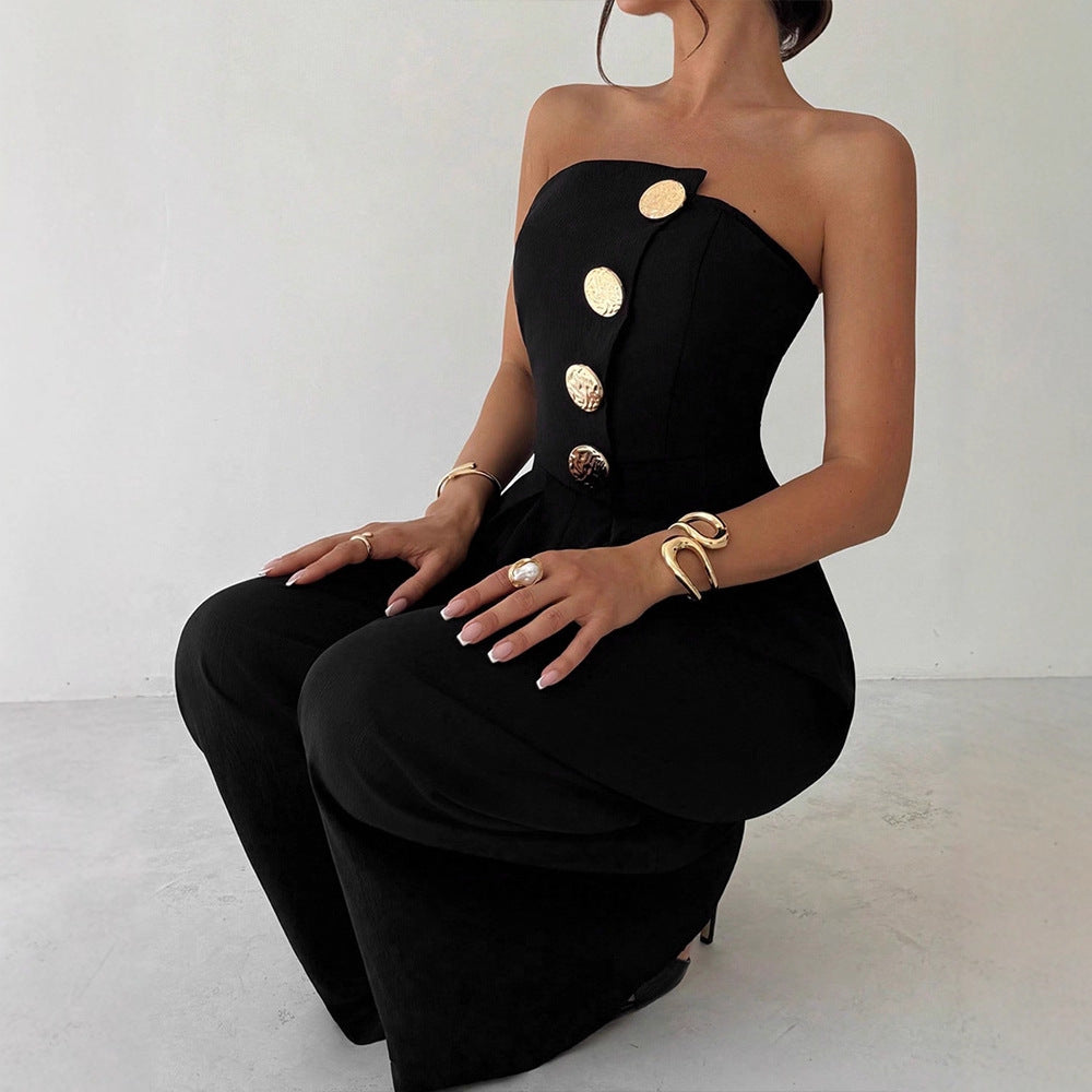 Damen Elegantes Jumpsuit mit asymmetrischem Ausschnitt und dekorativen Knöpfen EB