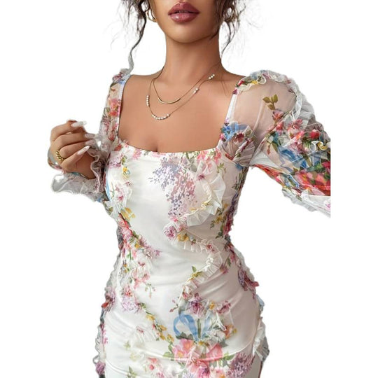 Damen Blumenkleid mit transparenten Ärmeln EB