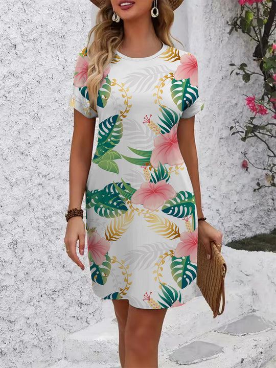 Damen lässiges T-Shirt Kleid mit buntem Blumenmuster und bequemem Schnitt EB