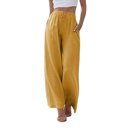 Damen nan weite Leinenhose mit elastischem Bund Kordel und Seitentaschen EB