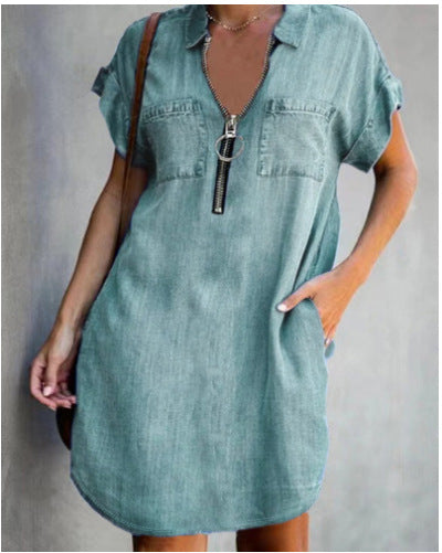 Damen Freizeit Denim-Kleid mit praktischen Taschen und Reißverschluss EB