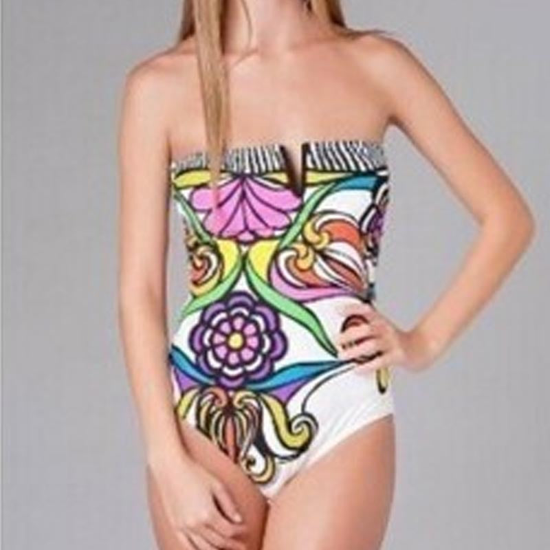 Damen Bandeau Badeanzug mit verschlussfreier Vorderseite und buntem Floral-Muster EB
