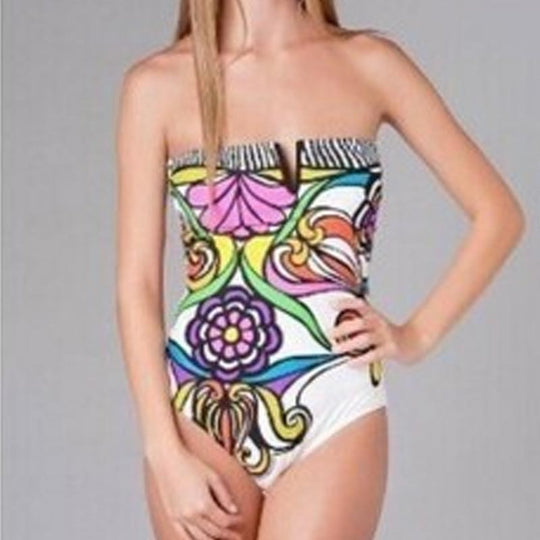 Damen Bandeau Badeanzug mit verschlussfreier Vorderseite und buntem Floral-Muster EB