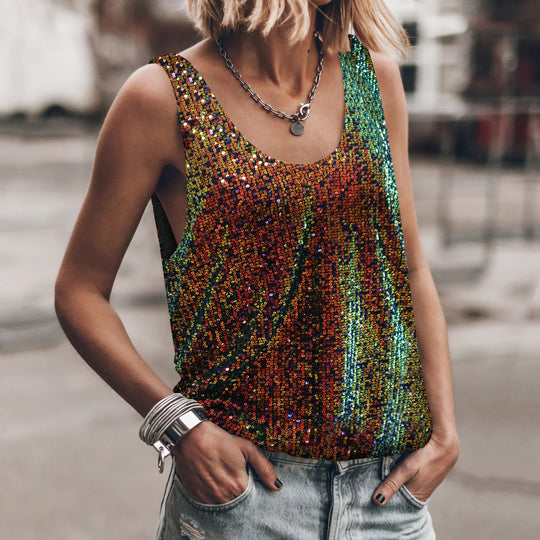 Damen Glitzerndes Top mit tiefem Rundhalsausschnitt und leichter A-Linie EB