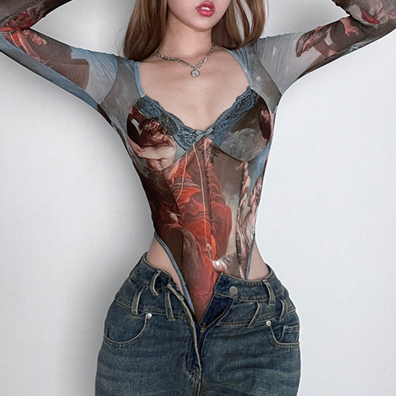 Damen Transparente Bodys mit kunstvollem Print EB