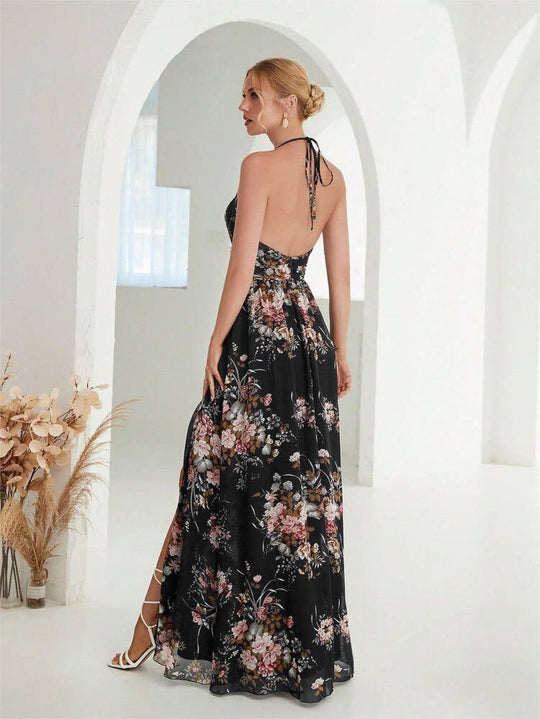 Damen Maxikleid mit hochgeschlossenem Ausschnitt und seitlichem Schlitz EB