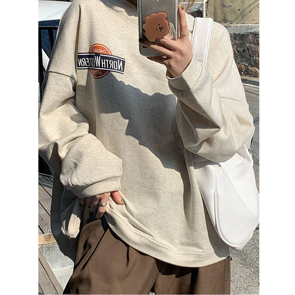 Damen lässiger Oversized-Pullover mit modischem Logo und angenehm weichem Innenfutter EB