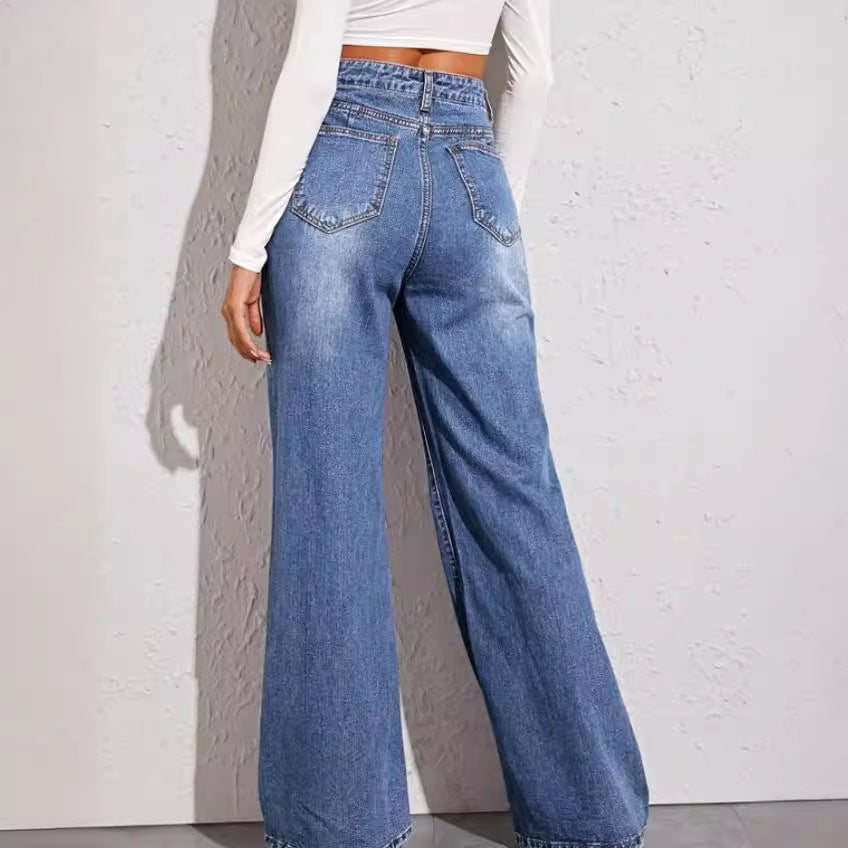 Damen nan hochgeschnittene weite Denim-Jeans mit extra weitem Bein und rohem Saum EB