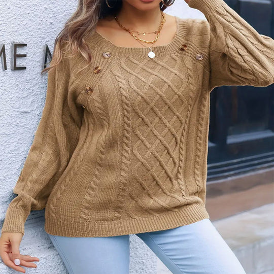 Damen eleganter Pullover mit Zopfmuster und dekorativen Knopfdetails EB