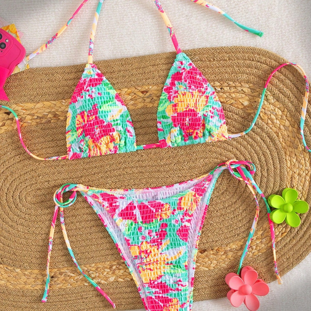 Damen Triangel-Bikini mit buntem Blumenmuster und verstellbarem Bindeband EB