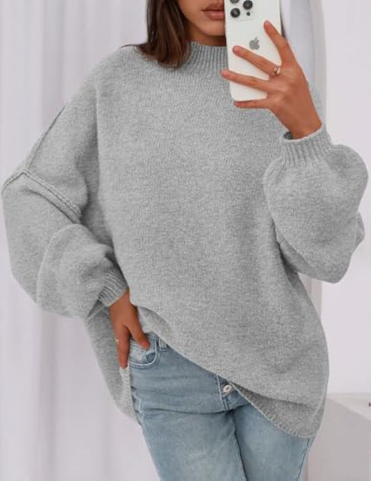 Damen Oversize-Strickpullover mit Stehkragen und Ballonärmeln EB