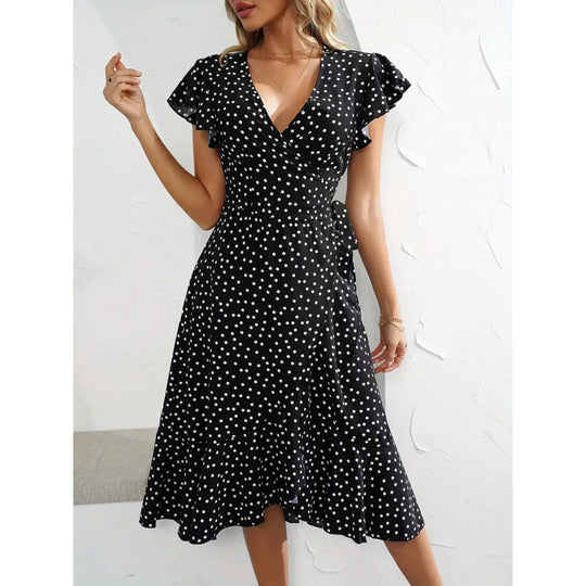 Damen Wickelkleid mit fließendem Rock und eleganten Rüschen EB