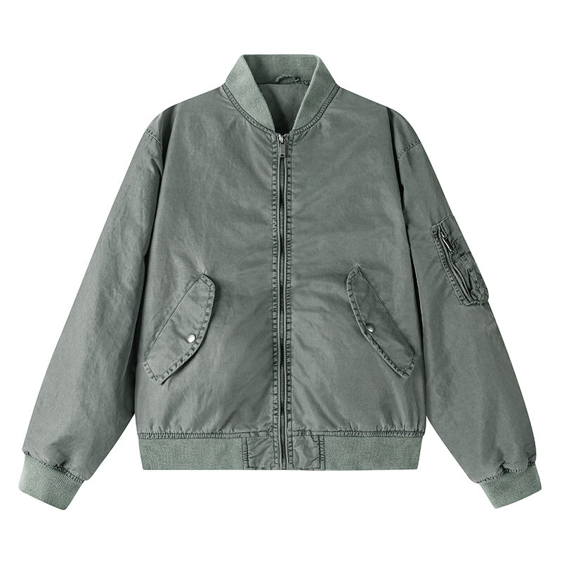 Men's  vintage-washed relaxed bomber jacket with slanted snap-flap pockets and reinforced rib hem EB
