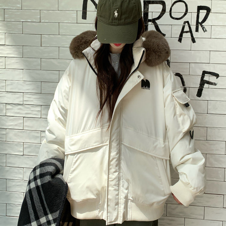 Damen Oversized Winterjacke mit abnehmbarem Kunstfellkragen und großen Taschen EB