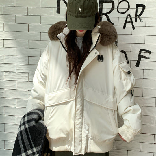 Damen Oversized Winterjacke mit abnehmbarem Kunstfellkragen und großen Taschen EB