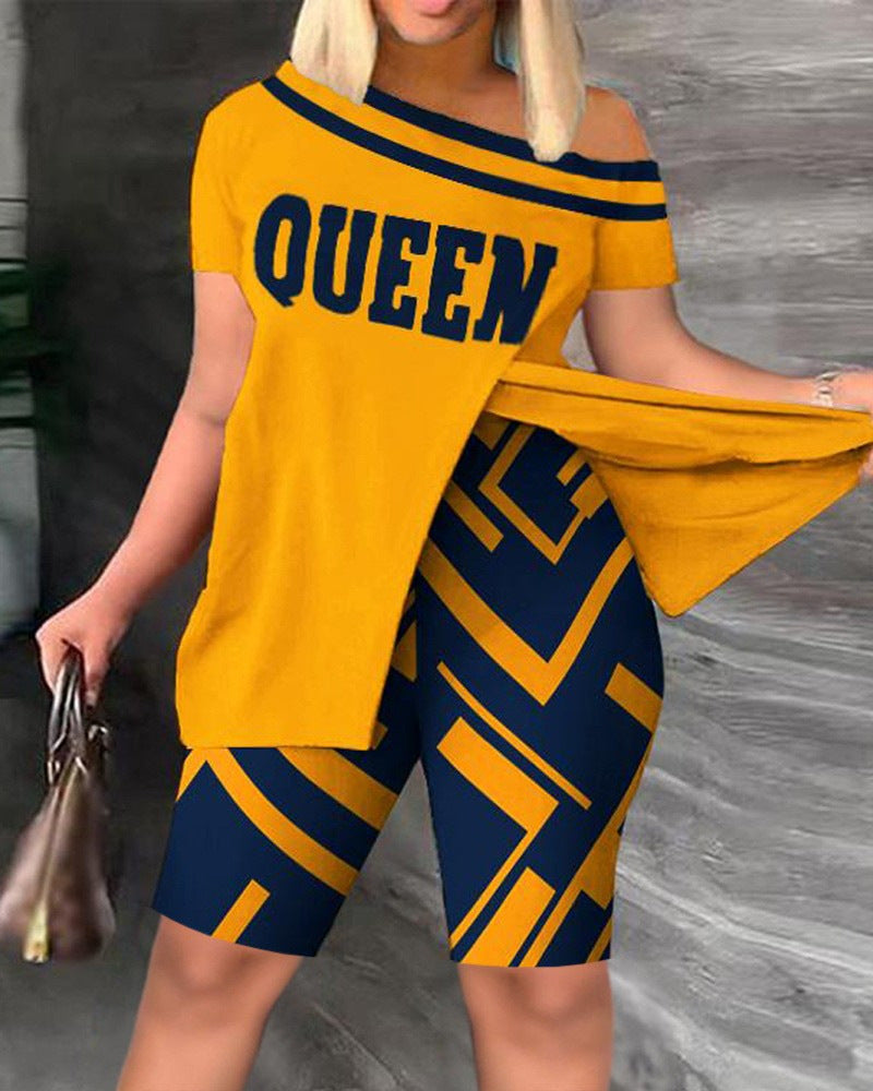 Damen lässiges Set mit asymmetrischem Oberteil und Radlerhose EB