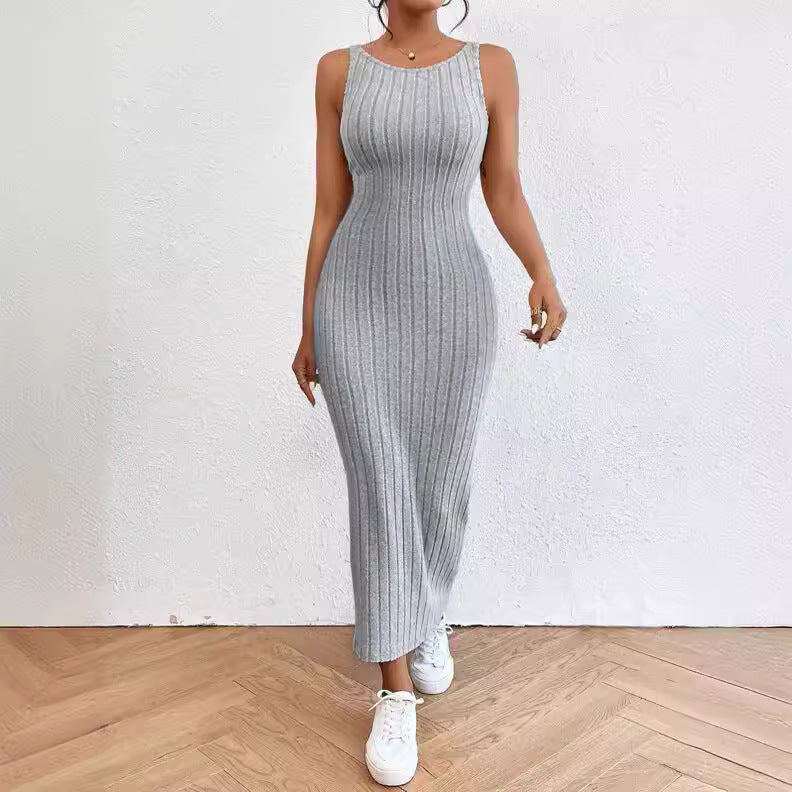 Damen figurbetontes Langarm-Maxikleid mit Rippenstruktur und Rundhalsausschnitt EB