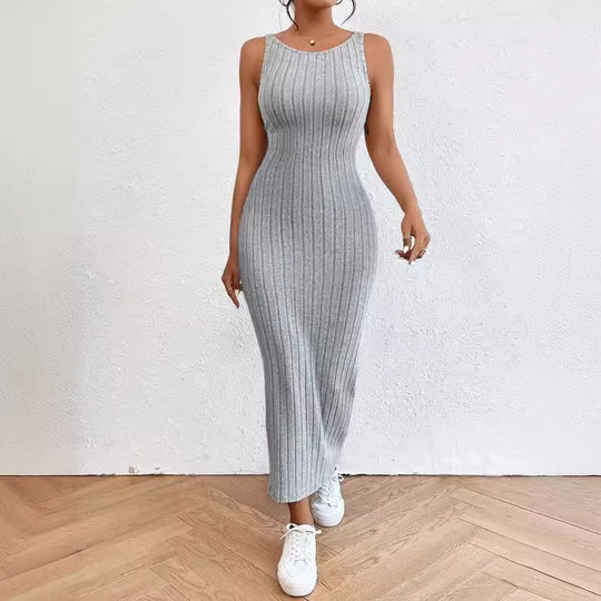 Damen figurbetontes Langarm-Maxikleid mit Rippenstruktur und Rundhalsausschnitt EB