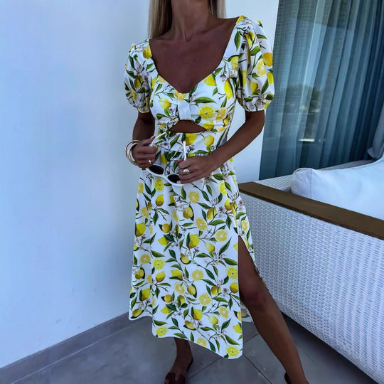 Damen Maxi Kleid mit Fruchtmotiv und Cut-Out-Details EB