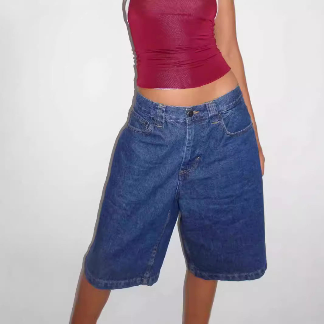 Damen lässige Denim-Shorts mit weitem Schnitt und hohen Seitentaschen EB