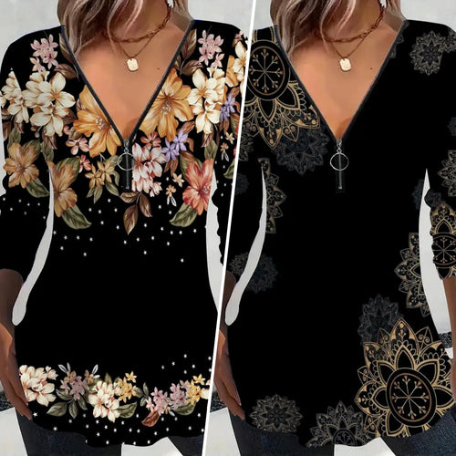 Damen Langarmshirt mit Reißverschluss und floralem Muster EB