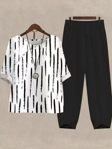 Damen nan weites Shirt mit Pinselstrichmuster, überschnittener Schulter und elastischer Komforthose mit Gummizug EB