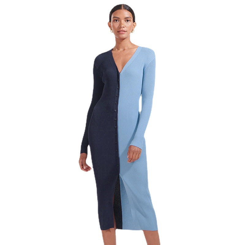 Damen Knopf-Design Maxikleid mit tiefem V-Ausschnitt und Rippstruktur EB