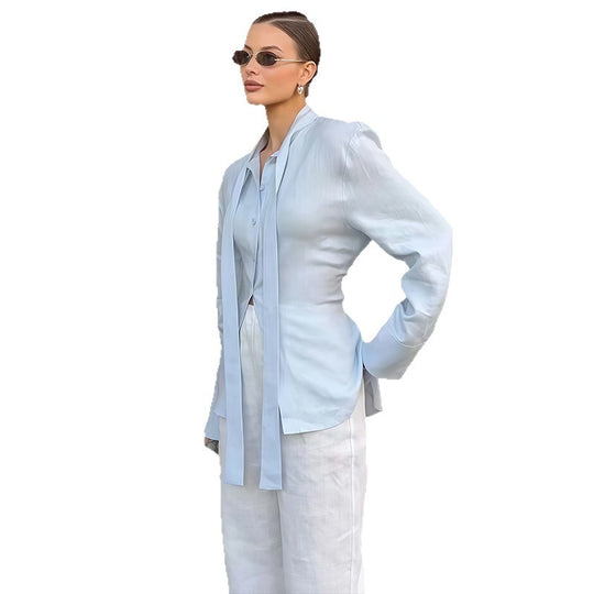 Damen Elegante und fließende Bluse mit Bindeakzent EB