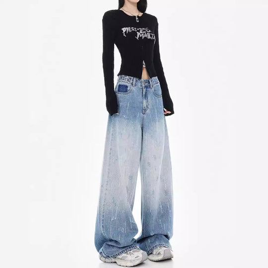 Damen Weit geschnittene Jeans mit hoch geschnittenem Bund und modischen Details EB
