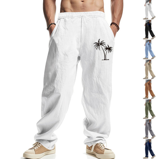 Herren Leichte Leinenoptik-Freizeithose mit elastischem Bund, Kordelzug & Palmen‑Stickerei EB