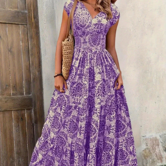 Damen Maxikleid mit nostalgischem Blumenmuster und voluminösem Rock EB