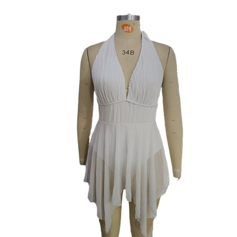 Damen Eleganter Wickel-Badeanzug mit tiefem V-Ausschnitt und Chiffonrock EB