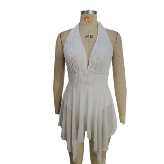 Damen Eleganter Wickel-Badeanzug mit tiefem V-Ausschnitt und Chiffonrock EB