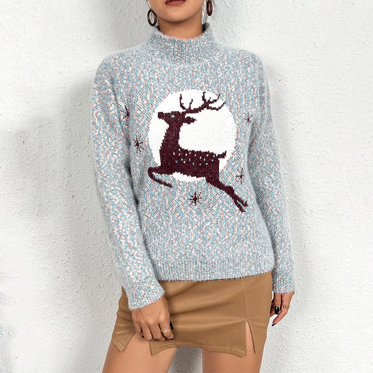 Damen Kuscheliger Rollkragenpullover mit festlichem Rentierdesign EB