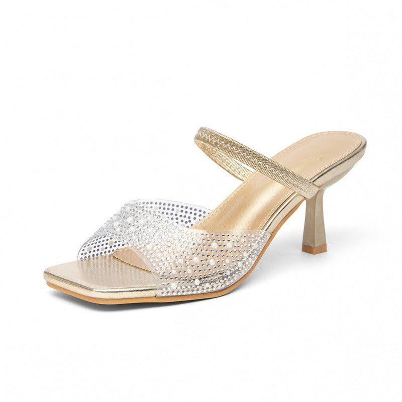 Damen elegante Slingback-Sandalen mit glitzernden Akzenten und breitem Blockabsatz EB