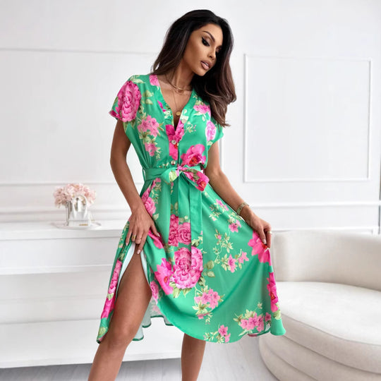Damen Wickelkleid mit eleganter Blumenmusterung und Taillengürtel EB