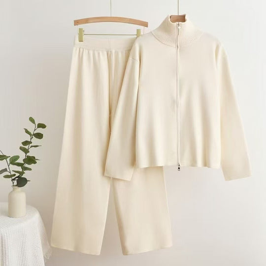 Damen gemütliches Strick-Loungewear-Set mit hohem Kragen EB