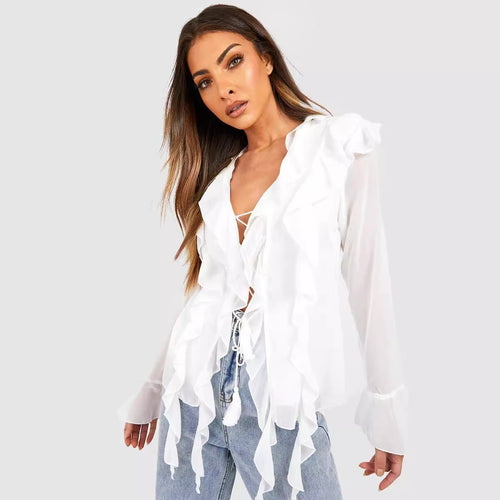 Damen Rüschenshirt mit eleganten Schnürdetails und transparenten Ärmeln EB