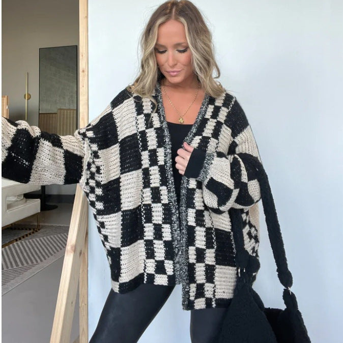 Damen lässiger Strickcardigan mit Karomuster und oversized Schnitt EB