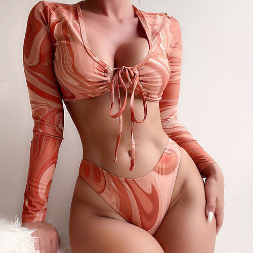 Damen Bikini-Set mit langärmligem Oberteil und hoch geschnittenem Höschen EB