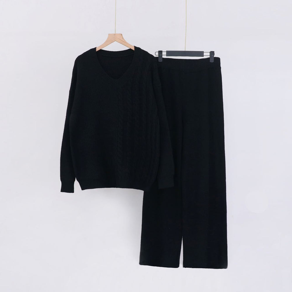 Damen Kuscheliges Strickensemble mit V-Ausschnitt und weitem Bein EB