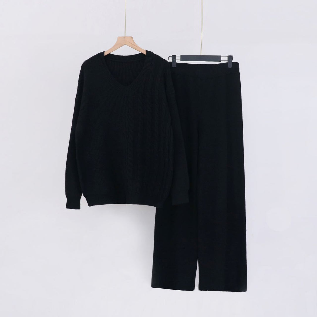 Damen Kuscheliges Strickensemble mit V-Ausschnitt und weitem Bein EB