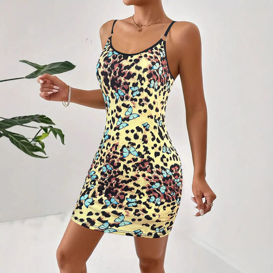 Damen Minikleid mit floralem Tierdruck und verstellbaren Spaghettiträgern EB
