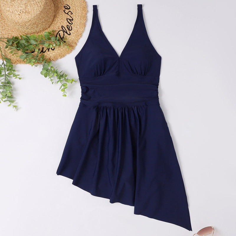 Damen eleganter Einteiler Badeanzug mit asymmetrischem Rock und verstellbaren Trägern EB