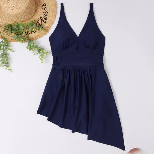 Damen eleganter Einteiler Badeanzug mit asymmetrischem Rock und verstellbaren Trägern EB