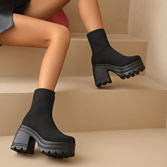Damen Chunky Stiefeletten mit hohem Absatz und flexiblem Strickdesign EB
