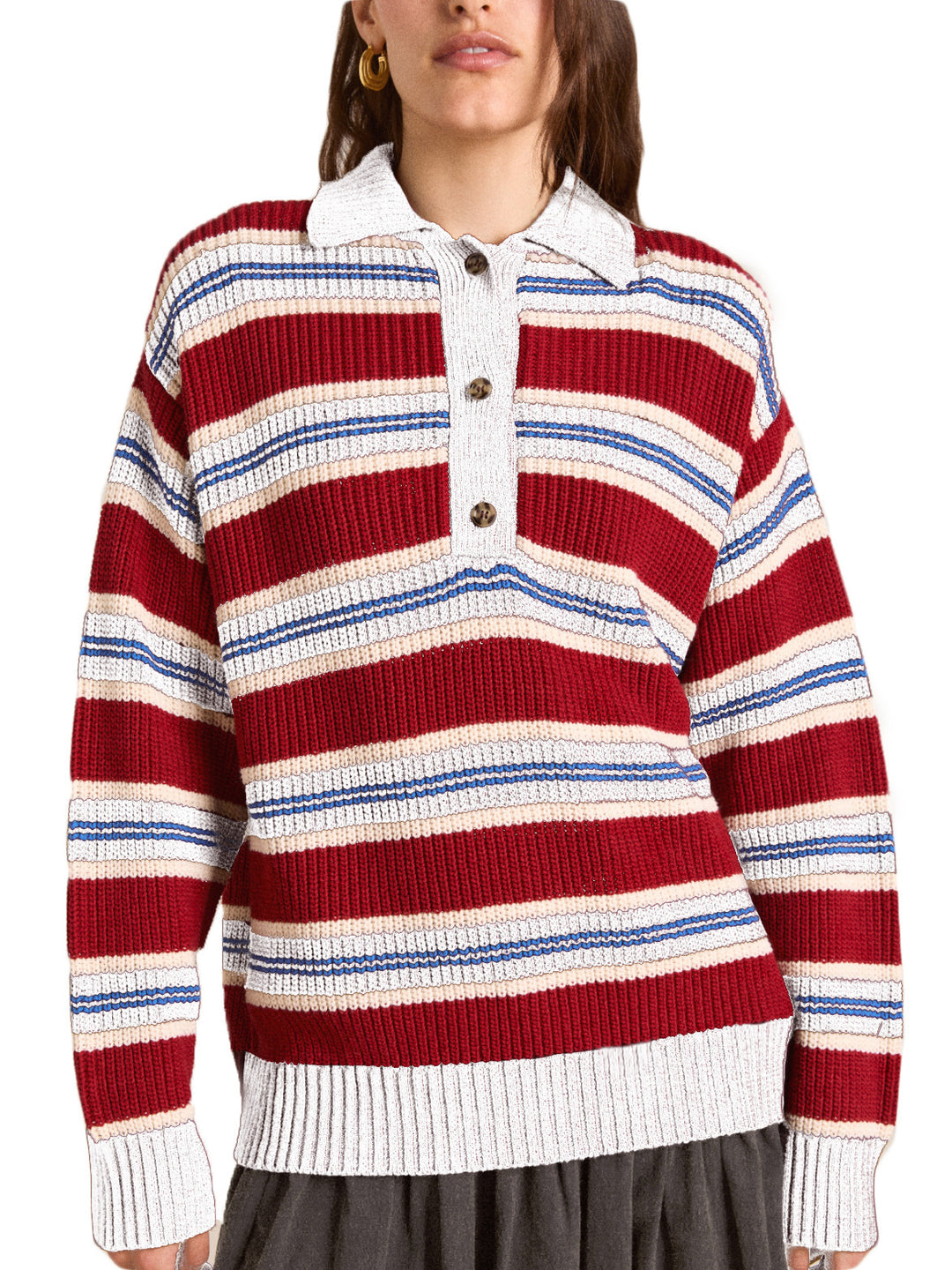 Damen Oversize Strickpullover mit Polokragen & mehrlagigem Streifenrelief EB