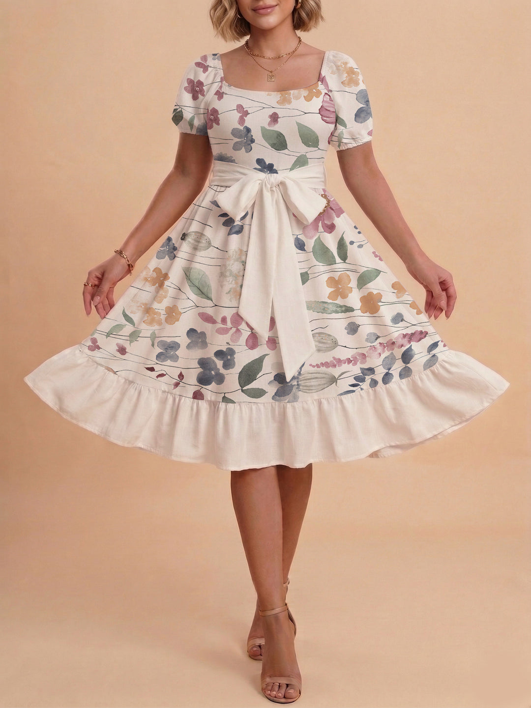 Damen Blumenkleid mit taillierbarem Gürtel und voluminösen Ärmeln EB