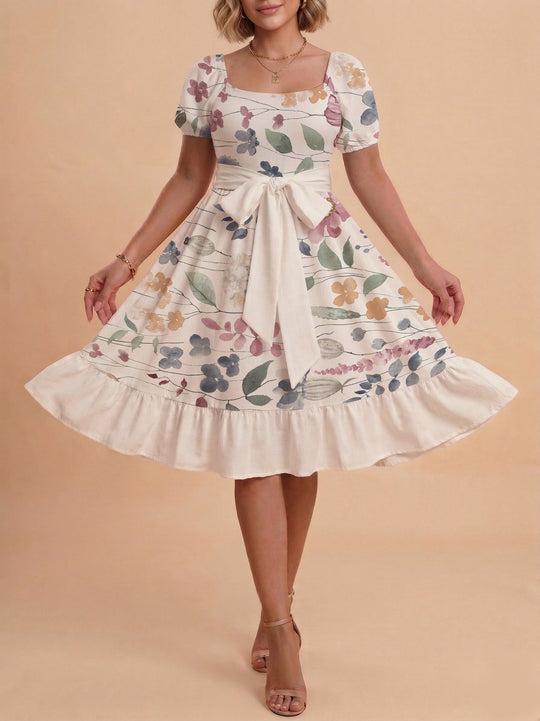 Damen Blumenkleid mit taillierbarem Gürtel und voluminösen Ärmeln EB